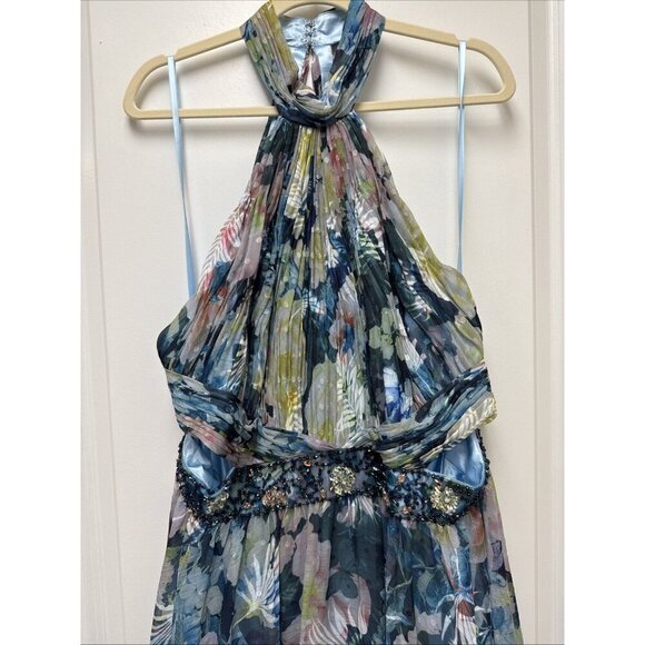 Mac Duggal Size 18 Blue Floral 68089 Halter Maxi Gown Cut Out Embellished Dress - Picture 7 of 13